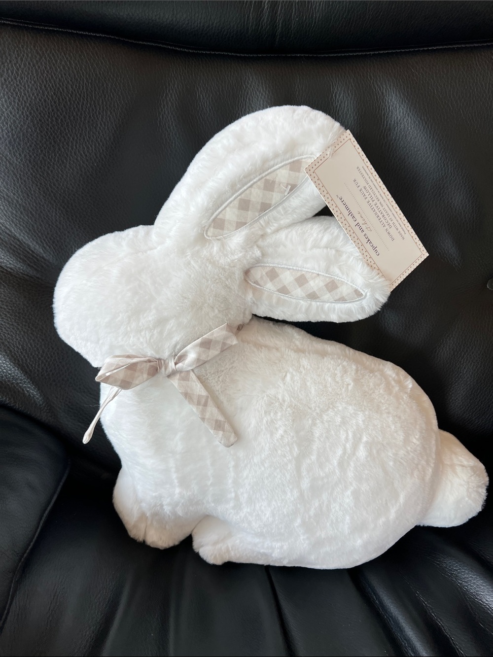 NWT! cupcakes & cashmere White Plush Bunny Pillow with gray white gingham Ribbon